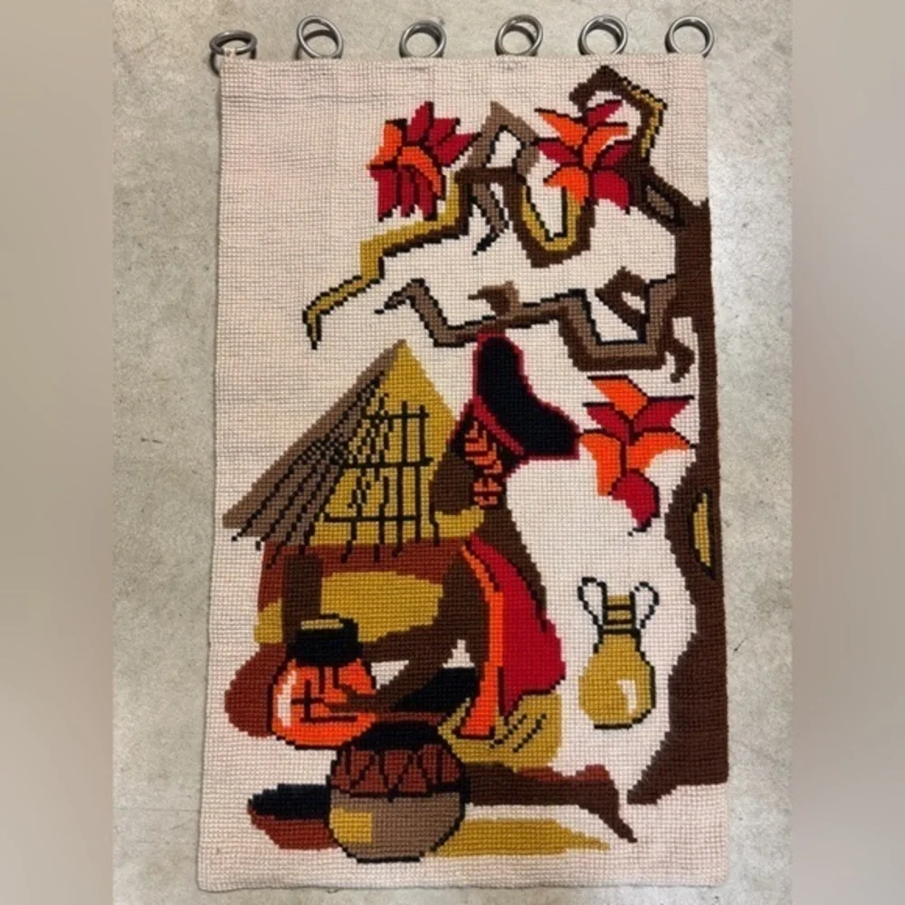 Vintage MCM Handmade Needlepoint Crewel Tapestry African Wall Hanging Art Decor
